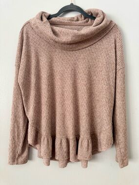 EUC Maeve Anthropologie Pink Beige Ruffled Hacci Knit Pullover Sweater Size S